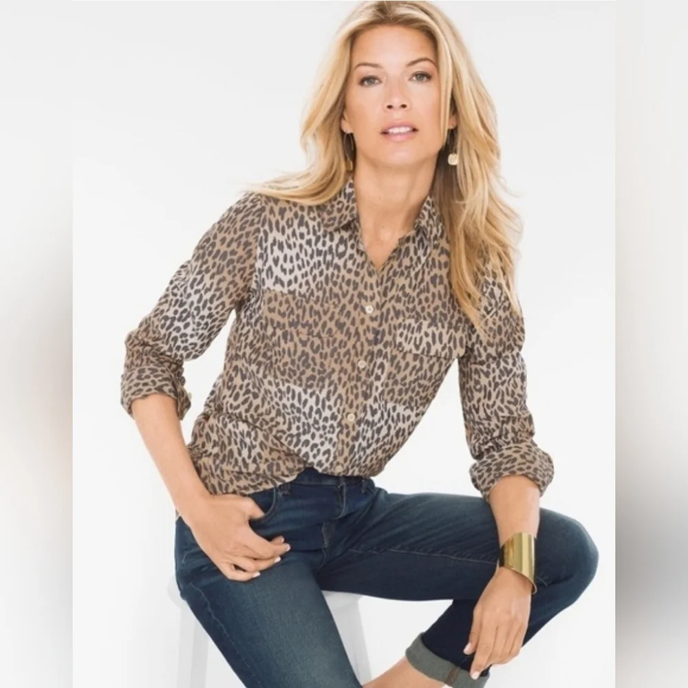 Chico's Leopard Print No-Iron Modal Blend Button Down Blouse Size 2 (Lg) Ombre - Picture 2 of 14